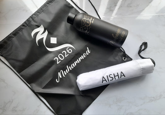 Hajj & Umrah Outdoor Essentials Bundle (Bottle, Umbrella & Bag)